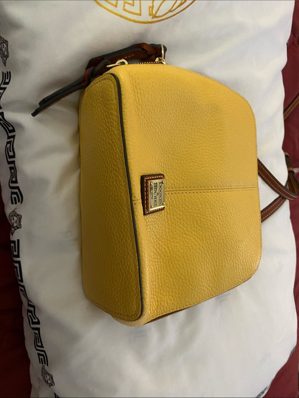 Dooney & Bourke Yellow Pebble Leather Crossbody with Brown Strap